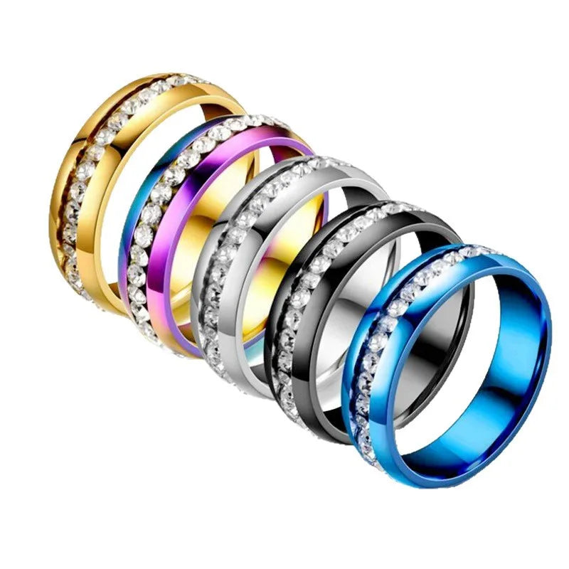 Wholesale European American Fashion Titanium Steel Rose Gold Plated High Sense Inlaid Single Double Row Diamond CZ Rainbow Ring