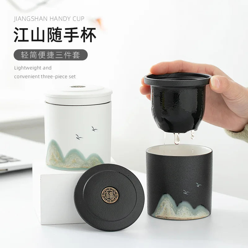 Modern Eco-Friendly Porcelain Tea Cup with Water Separation Filter and Cover 250mL Teacup Mug