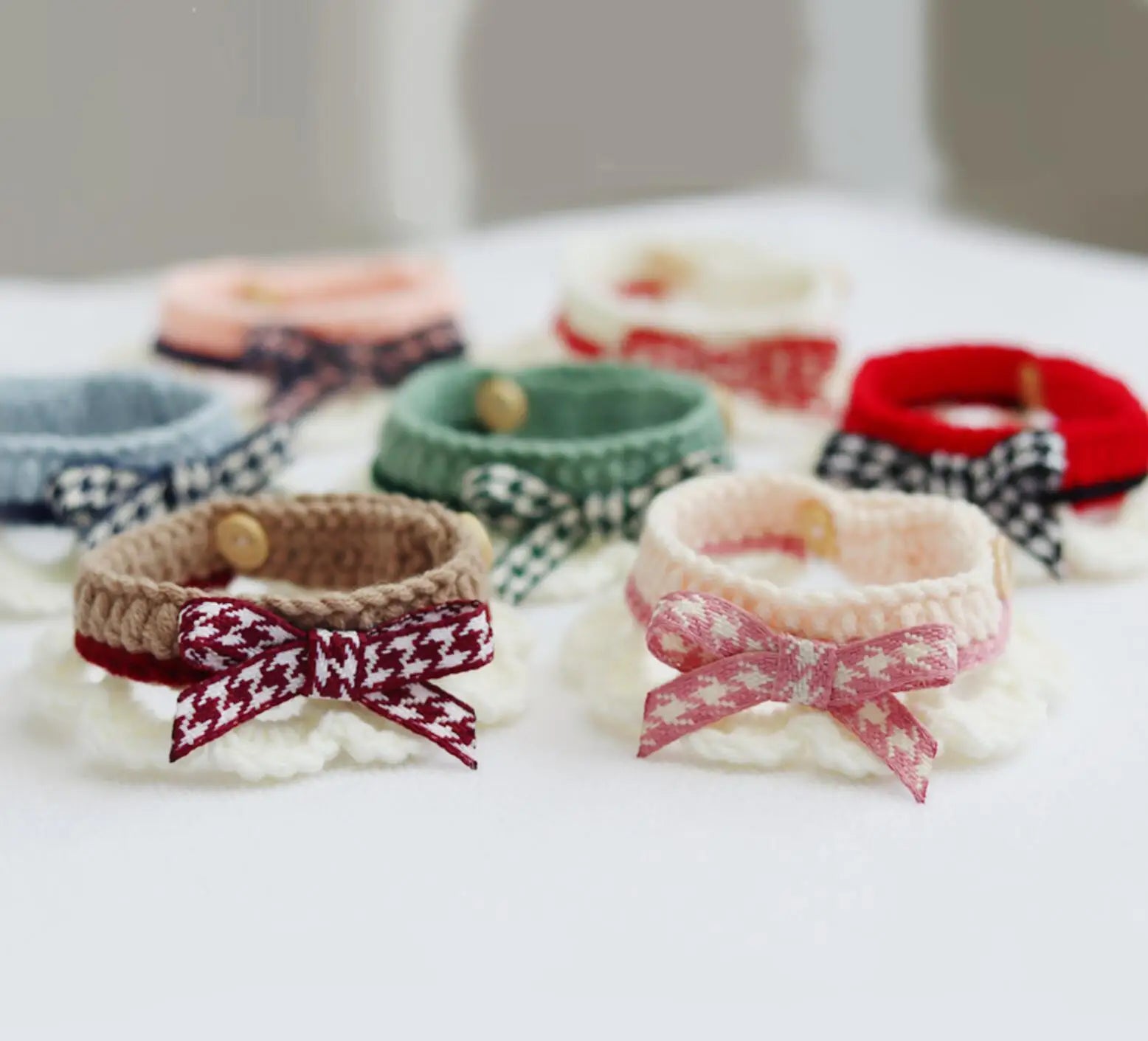 Adjustable Small Dog Puppy Pet Neck Collar Handmade Cute Cat Knitted Collar with Bowtie