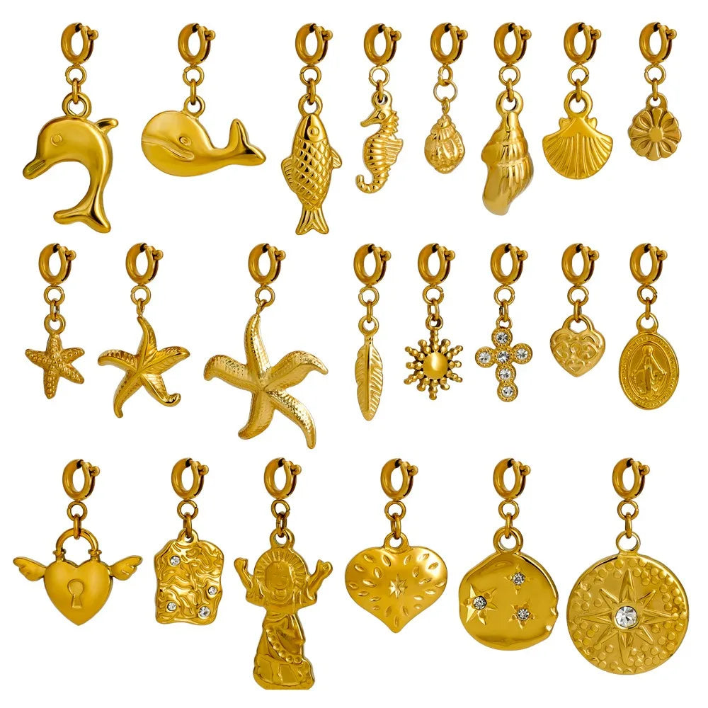 Stainless Steel 18K PVD Plated Ocean Sea Marine Life Seahorse Starfish Whale Dolphin Conch Shell Pendant for Necklace DIY Making