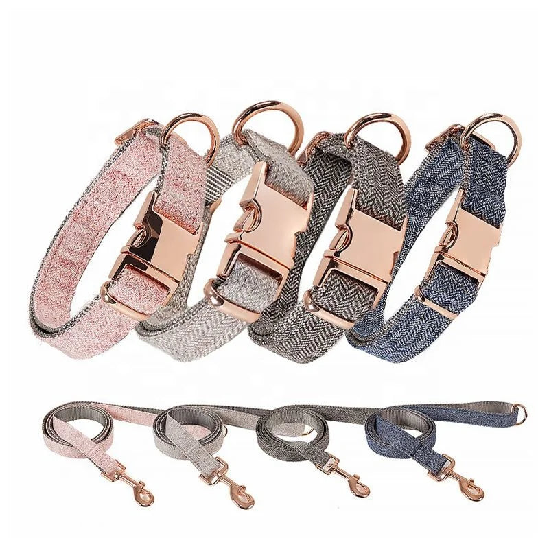 2025 New Hot Selling Wholesale Nylon Twill Dog Collares Adjustable Luxury Metal Gold Metal Buckle Tweed Pet Collar and Leash Set