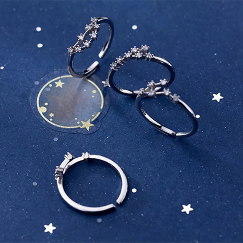 12 Zodiac Sign 925 Sterling Silver Fashion Rings for Women Adjustable Zircon Stackable Jewelry for Wedding Party Anniversary
