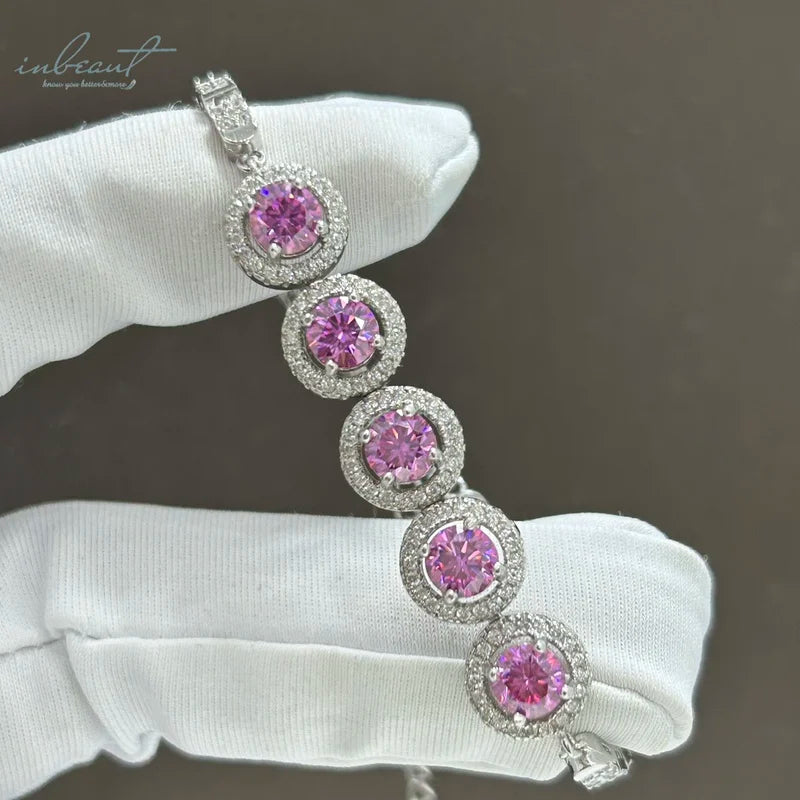 Silver 925 Original Total 2.5 Carat Round Brilliant Cut Diamond Test Pink Moissanite Bracelet Chain for Women Party Fine Jewelry