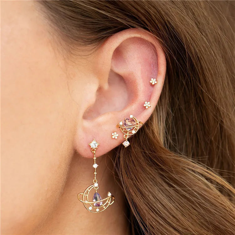 SP Cute Fashion Pink Zircon Earrings Set 18K Gold Plated Pink Heart Zircon Studs Earring Sets