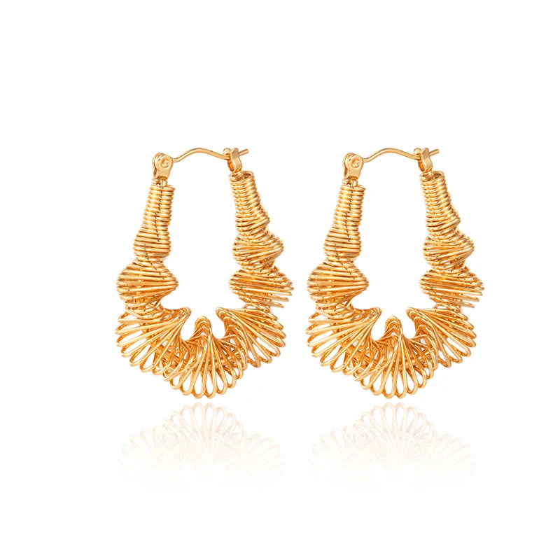 Customized 18K Gold Pleated Texture Earrings High Quality Large Stainless Steel Geometric Hoop Earrings for Women