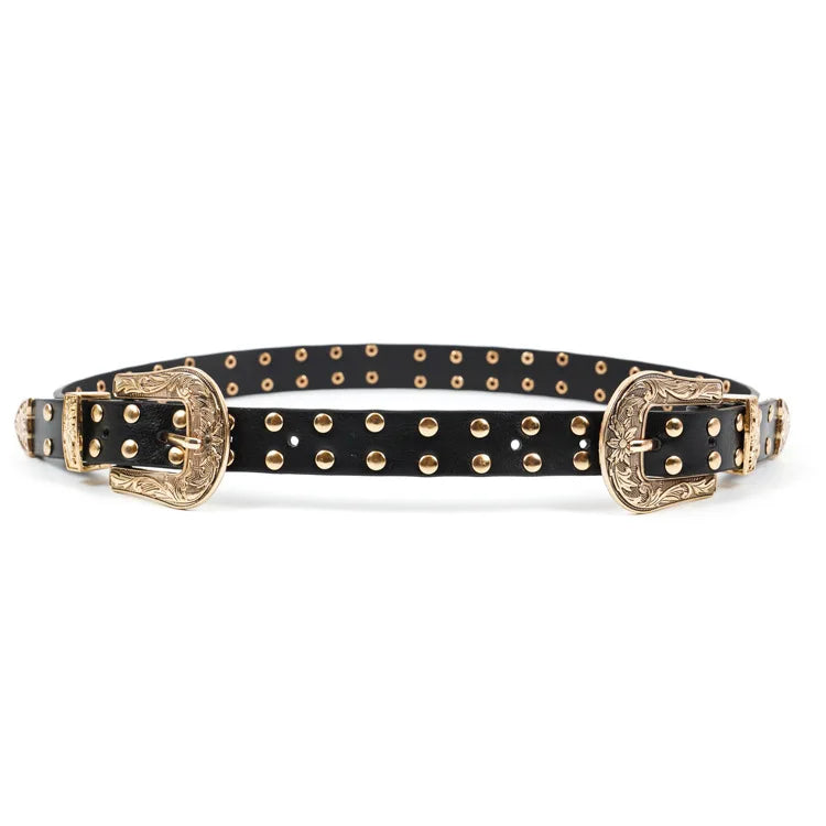 JULUN Belts for Women PU Belt Manufacture Studded Belt Double Antique Gold Buckle With All Over Studs Faux Leather