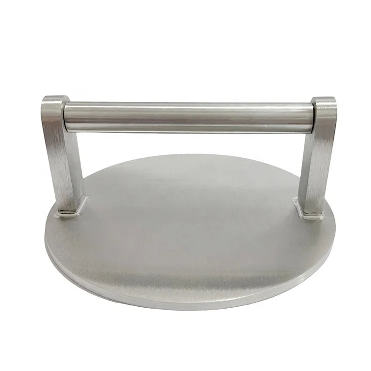 Customizable Silver Stainless Steel Manual Steak Burger Press Metal Handle 150mm Diameter 5mm Thickness 1kg Home Kitchen Use