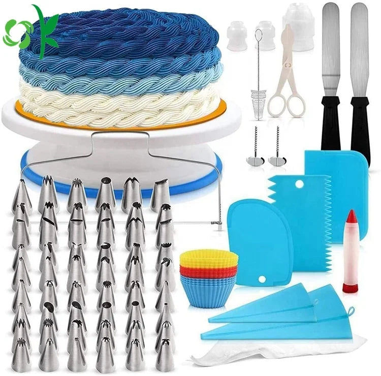 OKSILICONE Multi Function 106 Pieces Cake Decorating Tools Kits Supplies Silicone Pastry Bag Icing Tips Set with Cake Turntable