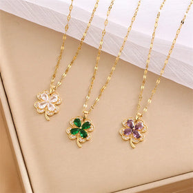 Wholesale Stainless Steel 18k Gold Plated Fashion Jewelry Snake Bone Chains Women Zircon Clover Necklaces