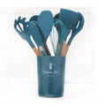 11 Pcs Manufacturing Wood Blue BPA Free Silicone Kitchen Utensils Set with Holder MegaBDM