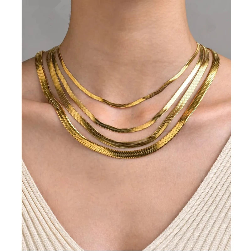 High End 18K PVD Gold Plated Herringbone Choker Necklace Snake Stainless Steel Necklace MegaBDM