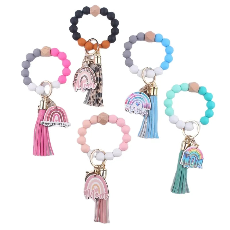 2025 Newest Designs Silicone Beaded Key Chain  Leather Tassel Wristlet Bangle Bracelet Keychain for Women