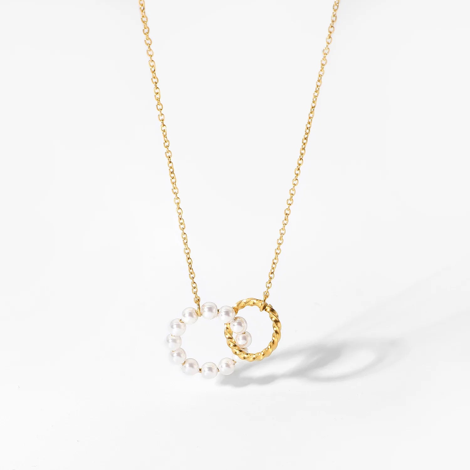 Nabest Stainless Steel Double Rings Lariat Pendant Necklace Jewelry Women 18K Gold Plated Imitation Pearl Necklaces