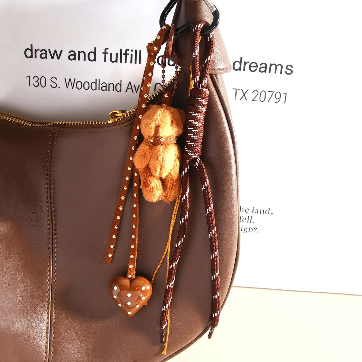Luxury Heart Bow Plush Bear Backpack Charm Keychain Bling Handmade Girl Mobile Phone Braided Rope Bag Pendant Keyring Accessory