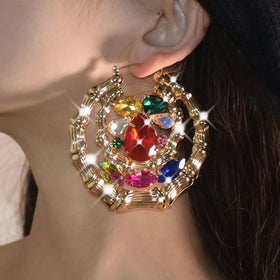 Full Diamond Gold-plated Large Gold Hold Earrings With Gold Circular Hollow Female Internet Celebrity Style Earrings