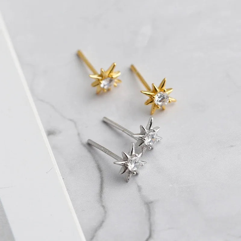 New Fashion Silver Earrings Jewelry 925 Sterling Silver Small Star Stud Earrings with White Diamond Gold Plated Earrings Women