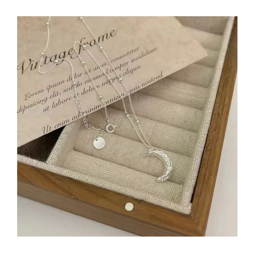 Ball Link Chain 925 Sterling Silver Texture Moon Shape Pendant Necklaces for Women Christmas Gifts Jewelry