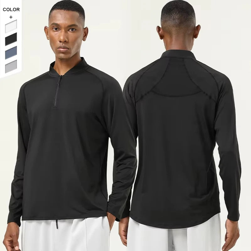 MAYYOUNG New Fashion Nude Fitness Stand Collar Half-Zipper Henry Shirt for Men Running Workout Long Sleeve Sportswear Clothes