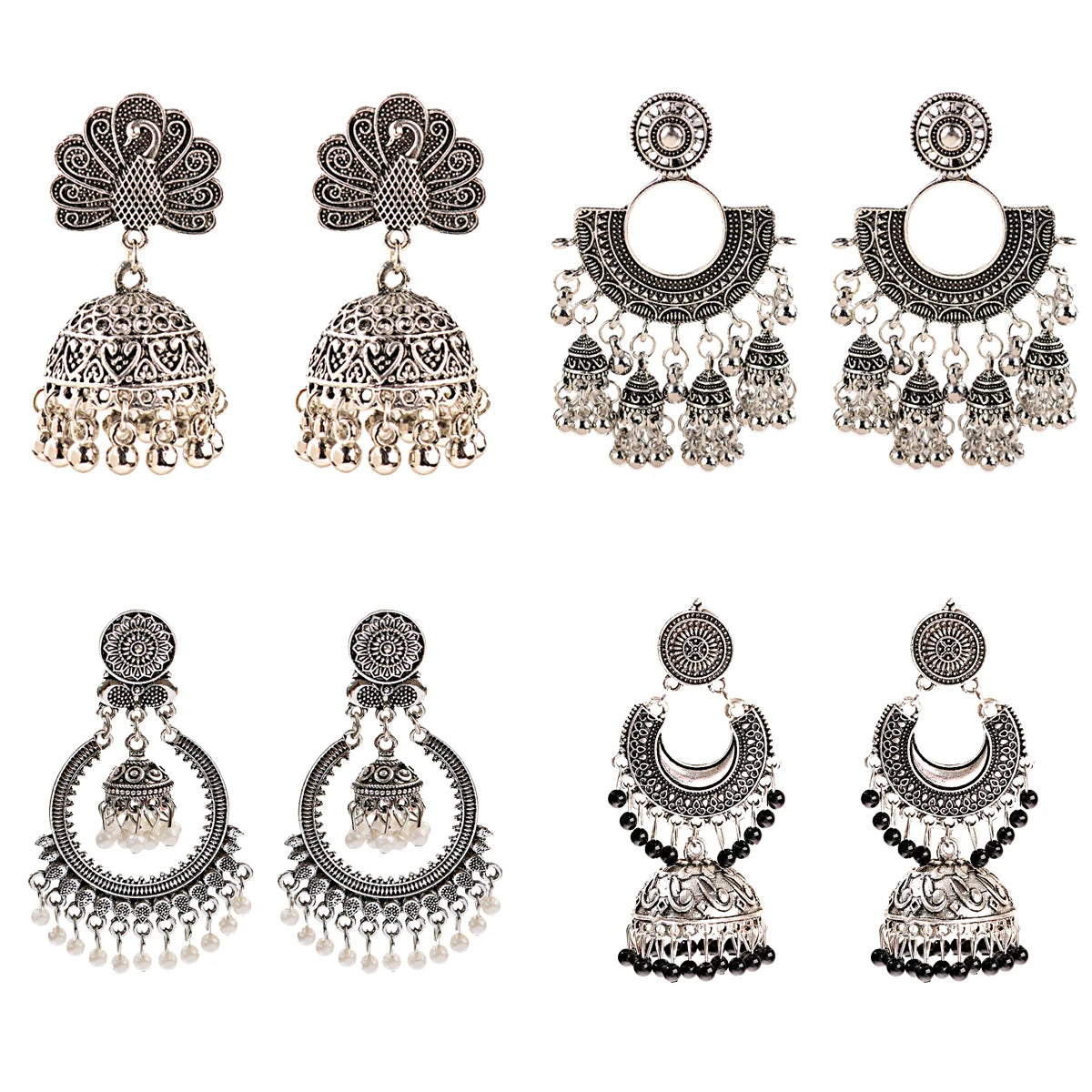 Silver Plated Eco-friendly Peacock Shape Drop Bells Pattern Bohemian Jewelry Vintage Little Tassel Bead Earrings