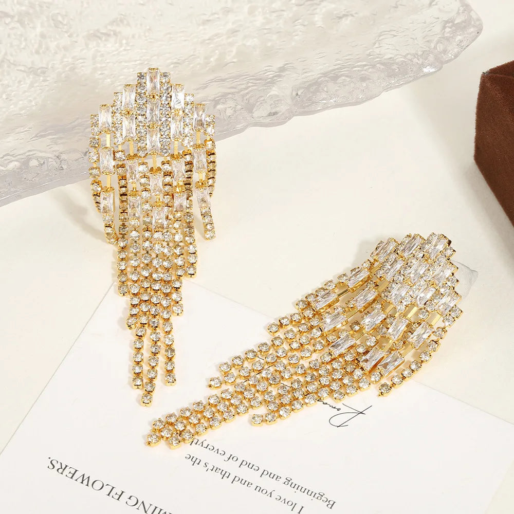 Shescity Trendy Elegant Style Gold Plated Drop Earrings Brass Material Zircon Light Luxury Jewelry Women Earrings for Gifts