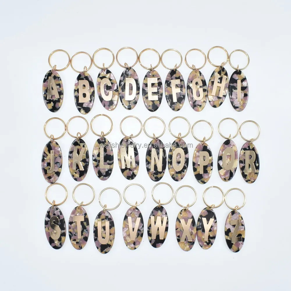 Acrylic Tortoise Oval Shape Keytag Golden Brass Initial Keychain