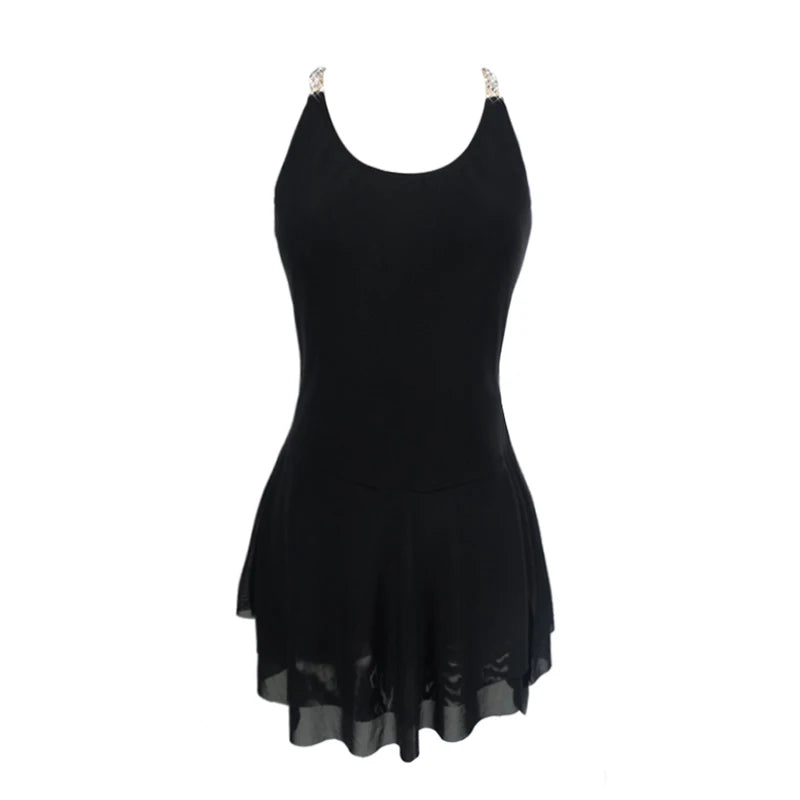 Elegant Long Plain Black Figure Skating Dress for Girls and Kids Expensive Performance Wear for Ice Skating