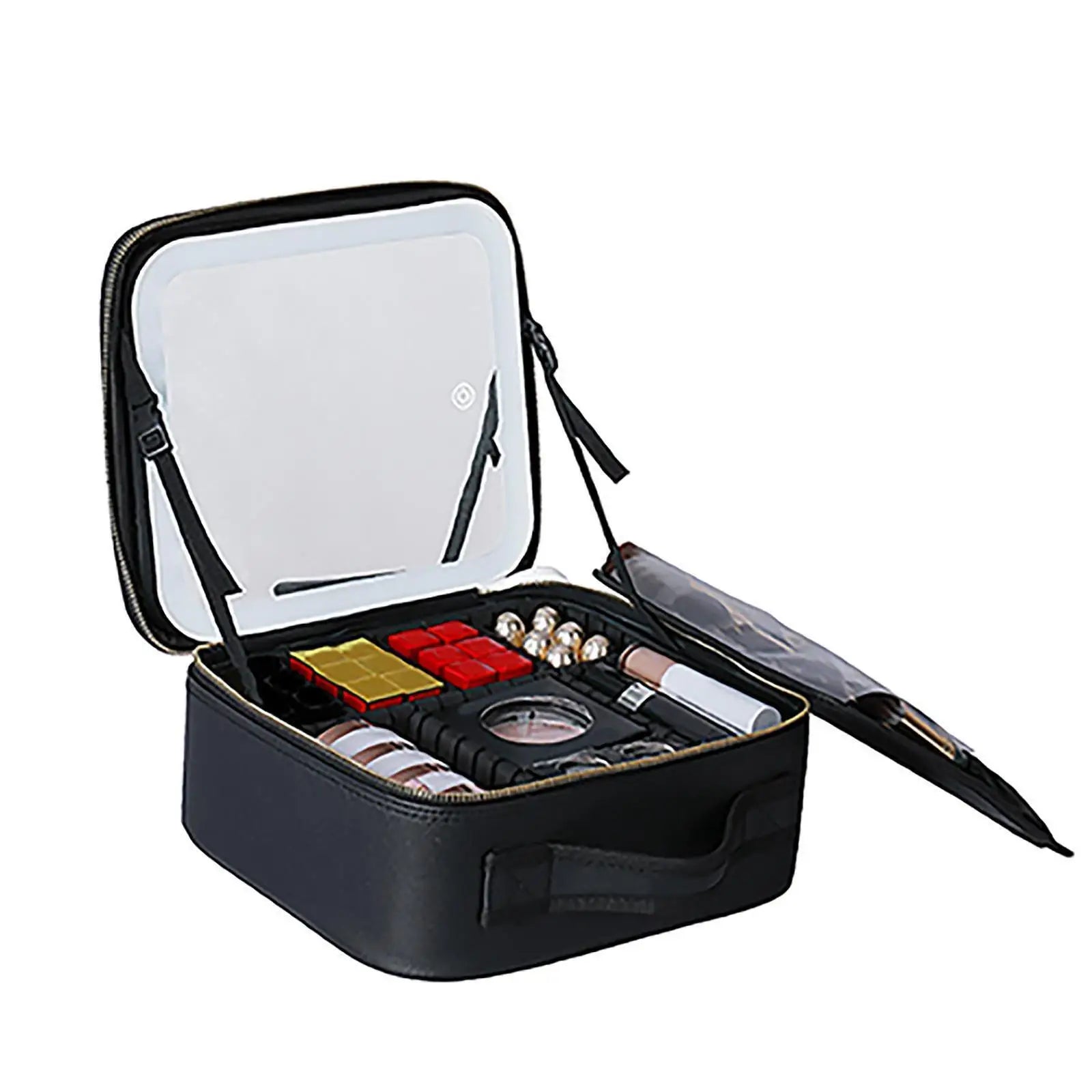 Portable Fashion PU Makeup Bag with Adjustable Large LED Lights Mirror Zipper Closure and Thread Pattern