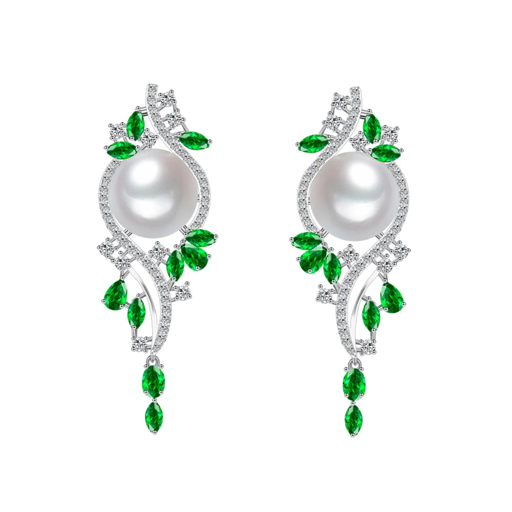 Trendy Noble Design Cubic Zircon Imitation Pearl Green Long Dangle Drop Earrings for Women Beauty Pageant Jewelry