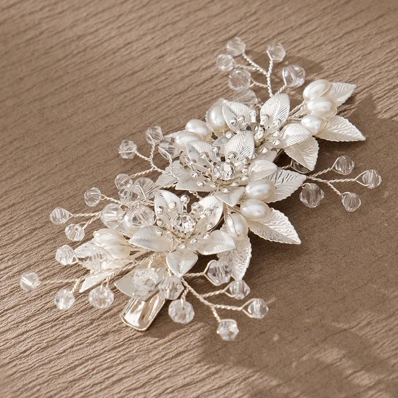 SLBRIDAL Handmade Alloy Rhinestones Crystal Pearls Flower Leaf Bridal Hair Clip Barrettes Wedding Hair Accessories Women Jewelry