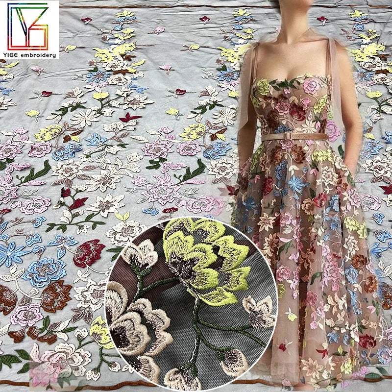 High-End French 3D Flower Applique Embroidered Tulle Mesh Lace Fabrics for Women Evening Dress
