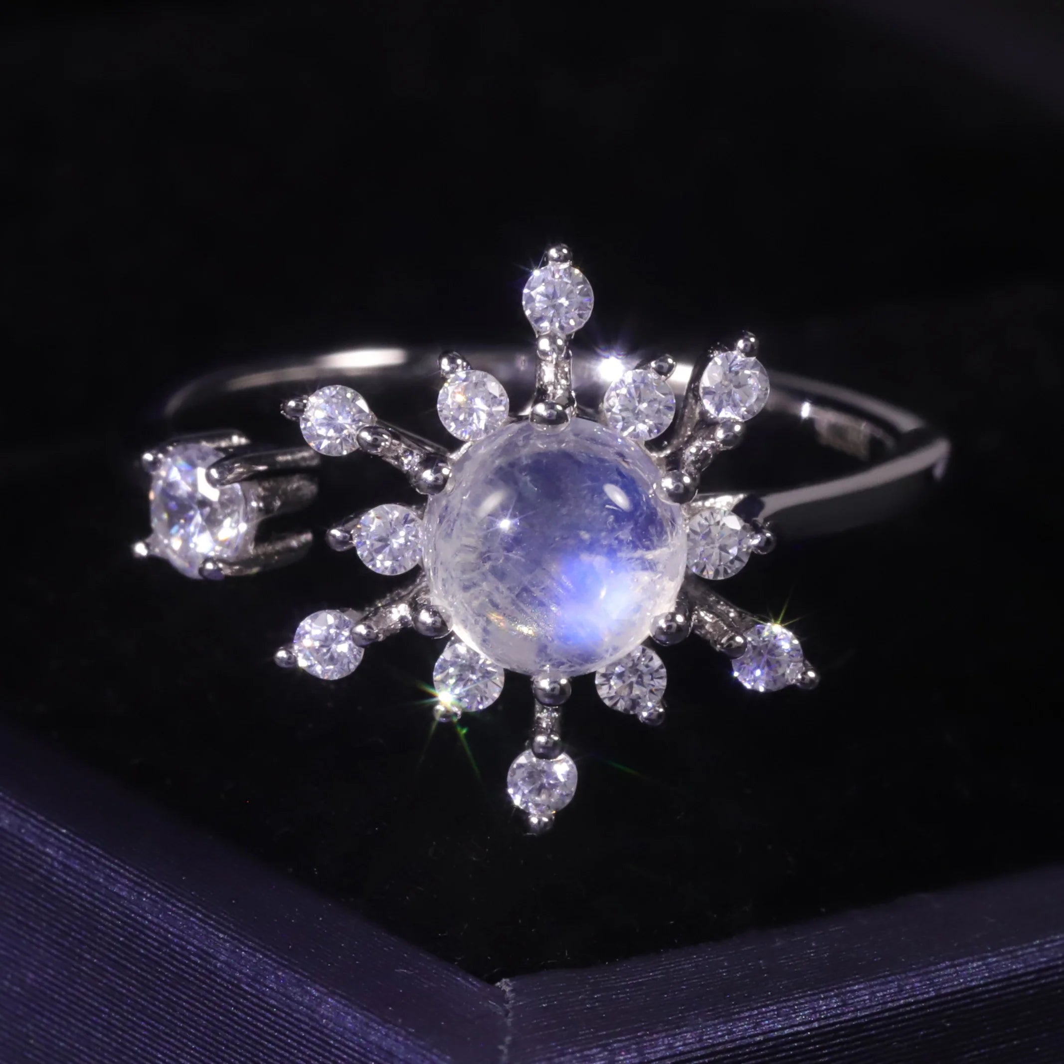 C7626 Abiding Opening Design Adjustable Dreamy Mysterious Round 6MM Natural Moonstone Planet 925 Sterling Silver Open Rings