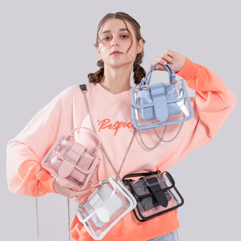 Fashion Waterproof Transparent Clear PVC Chains Messenger Crossbody Handbag Purse Bag Set for Girls&Woman