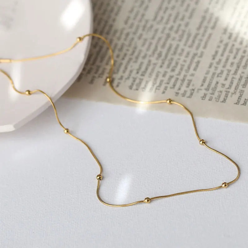 Classic Simple 18k Gold Plated Basic Bead Chain Necklace No Fade Stainless Steel Herringbone Snake Chain Necklace Jewelry