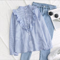 S-XL Autumn New Women Vintage Stand Collar Cotton Shirt Ruffles Full Sleeve Loose Blouse Casual Office Wear
