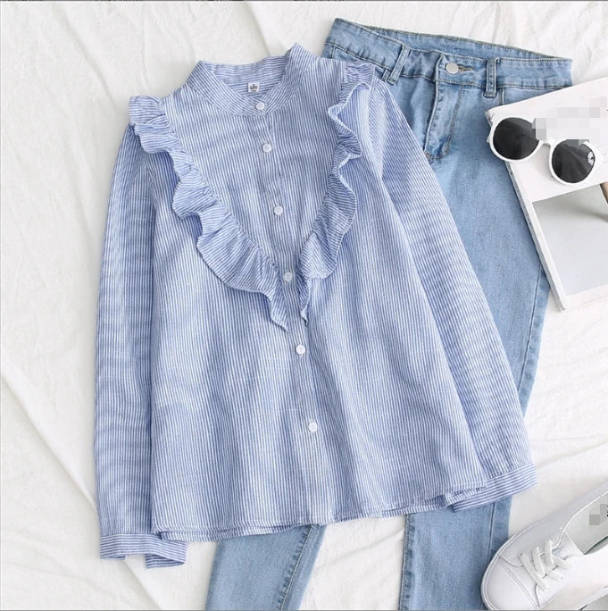 S-XL Autumn New Women Vintage Stand Collar Cotton Shirt Ruffles Full Sleeve Loose Blouse Casual Office Wear