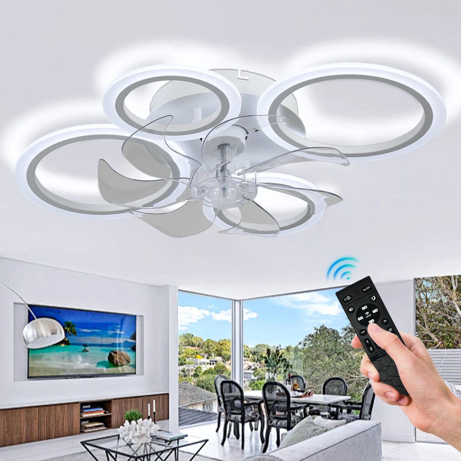 Low Profile White Flush Mount Modern Luxury Crystal Stainless Steel LED Ceiling Fan Light Dimmable Remote Control for Home