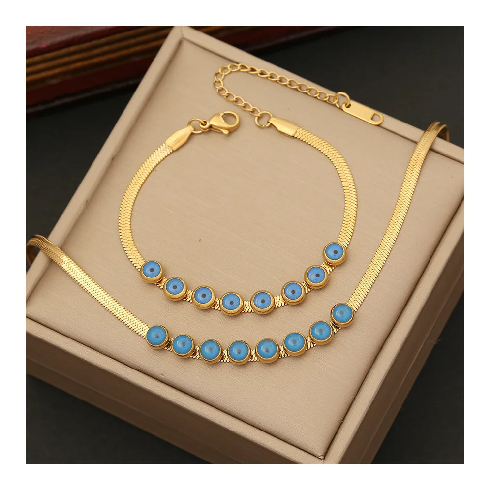 New Arrival Women Stainless Steel Jewelry 18k Gold Plated Enamel Blue Devil Eyes Shaped Necklace