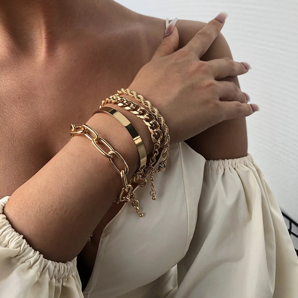 Fashion Thick Zinc Alloy Chain Bracelet for Women Seed Bead Daisy with Gold Plated Chain for Bracelets & Bangles Set