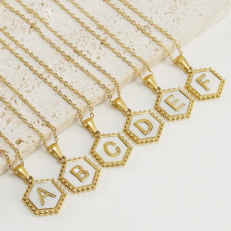 Necklace 18k Gold Plated Stainless Steel Hexagon Shell Letter Pendant Necklace for Women