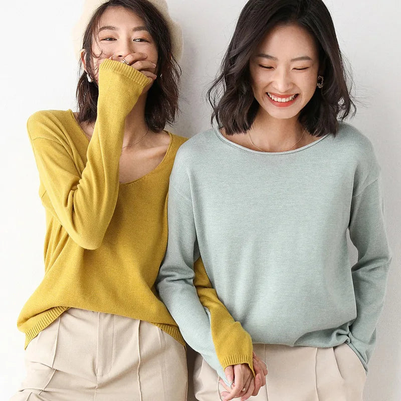 New Soft Silk Base Knitted Sweater Wool Blended Cardigan Women's Round Neck V-neck Loose Short Round Neck  Pullover