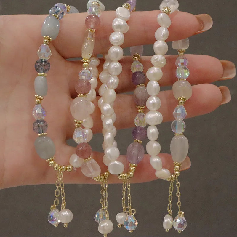 Pulsera De Colores French Style Natural Freshwater Pearl Bracelets Women Ins Colorful Crystal Glass Stone Beads Bracelet