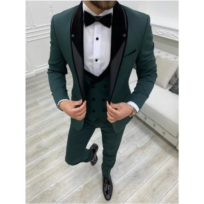 Handsome Green Men's 3 Pieces Set Suits Formal Wedding Tuxedos Blazer Slim Fit Groomsmen Wear Prom Dress Jacket+Vest+Pants
