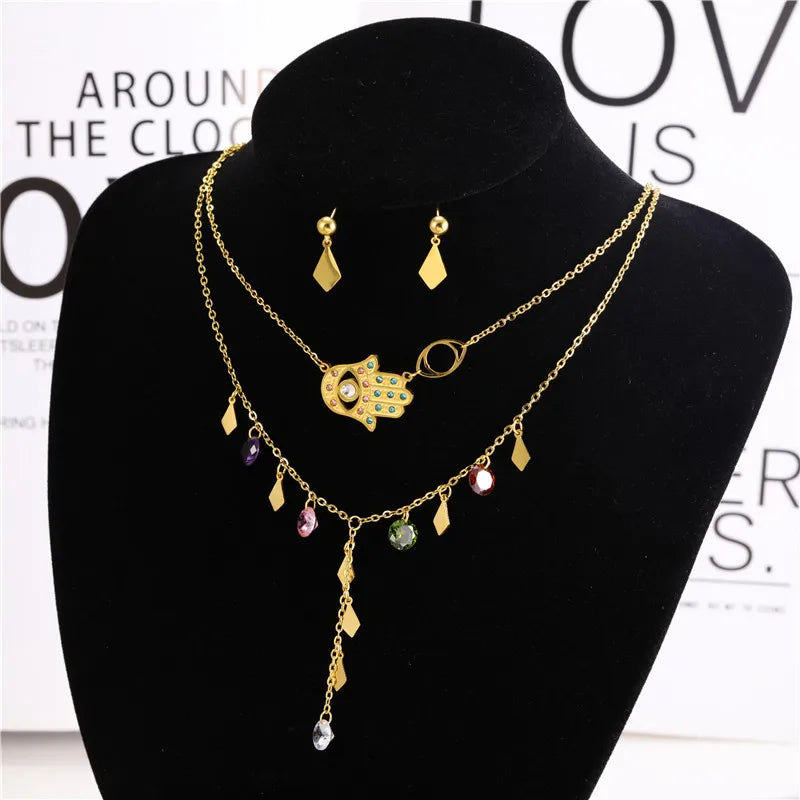 Fashionable Evil Eye Jewelry Set Evil Eye Fatima Stainless Steel Multi-layer Necklace Steel Earrings Jewelry
