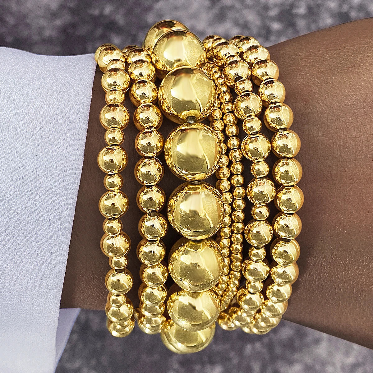 7 Pcs Punk Gold Plating Square Multi-Layer Bracelet Bead Elasticity Stacked Bangles for Women Fashion Jewelry
