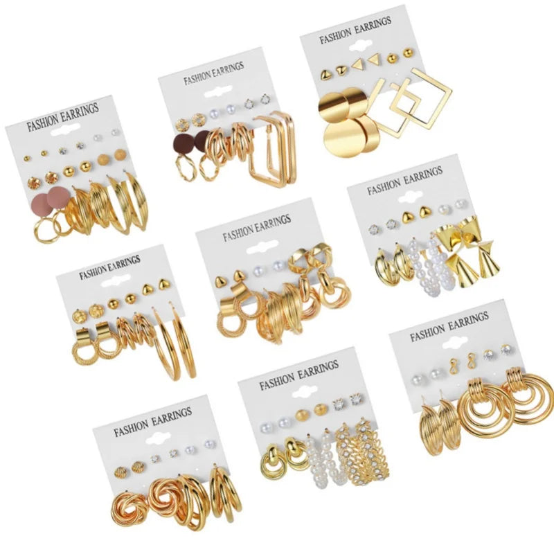 6pcs/set Gold Earrings Square Geometric Vintage Pearl Accessories Fashion Earrings
