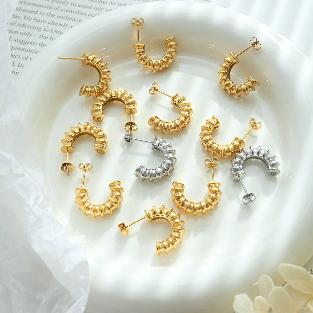 Hyperbole Spiral C Shape Long Needle Stud Earrings for Women 18K Gold Plated Stainless Steel Bamboo Tube Hoop Earrings