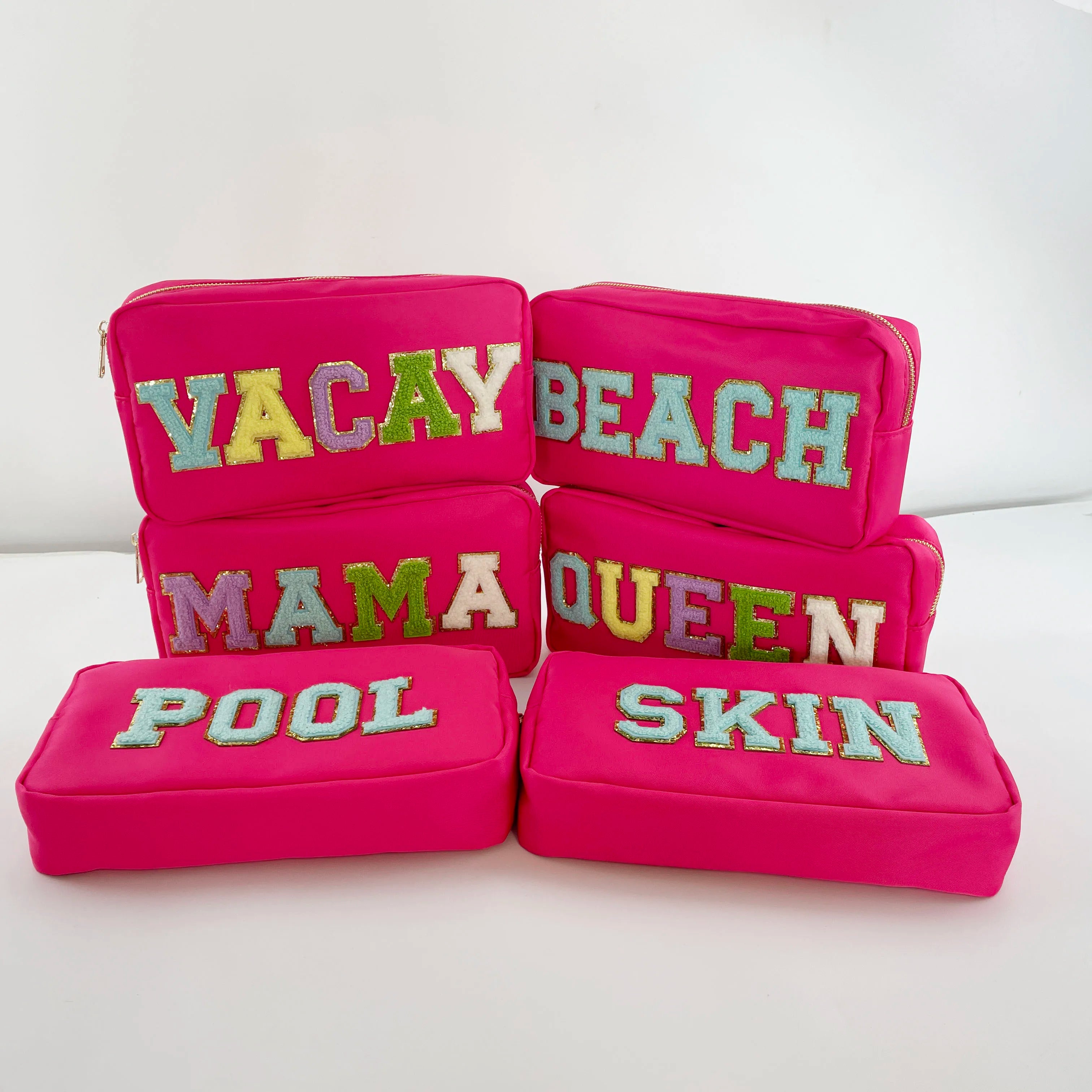 Wholesale Custom logo Travel Makeup pink Cosmetic Printed Zippered Fabric Women Toiletry Patch Mini Nylon Pouch Bag with Zipper