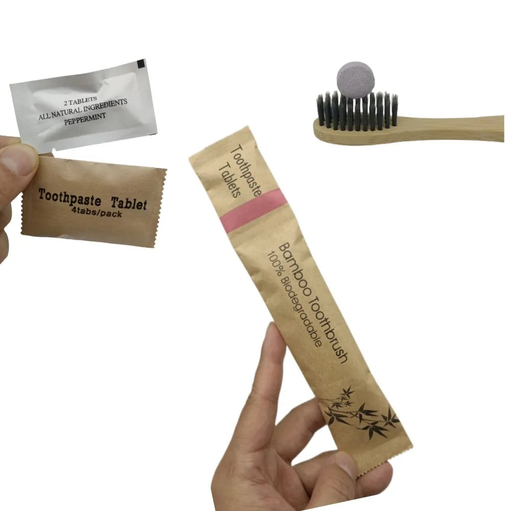 Natural Biodegradable Eco Friendly Travel Size Toothbrush and Toothpaste Tablet for Hotel