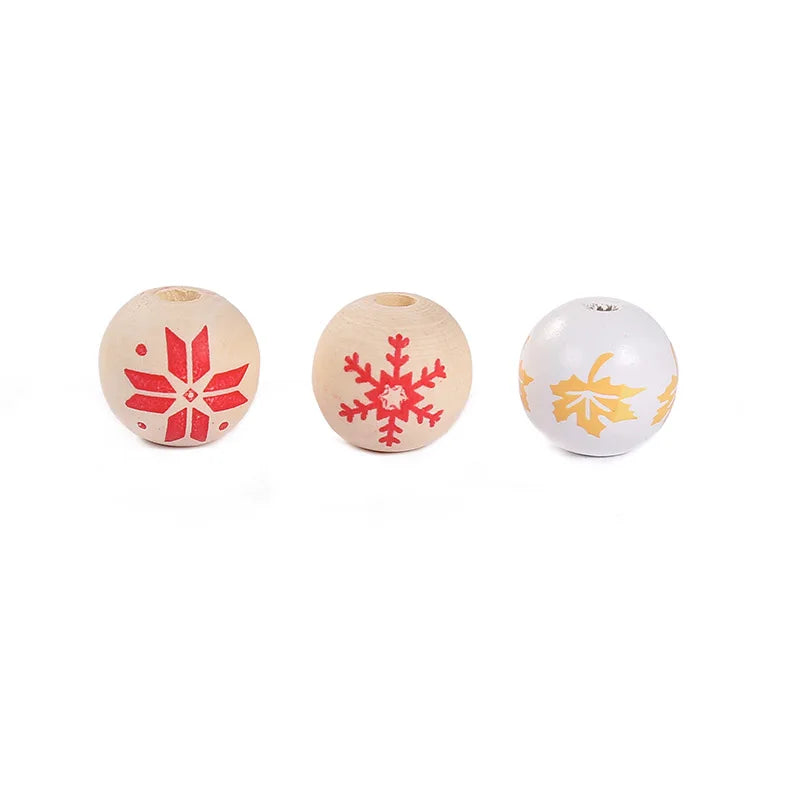 16mm Red Snowflake  Christmas Wooden Beads Loose Spacer Beads Farmhouse Rustic Wood Round Beads for Christmas Decor