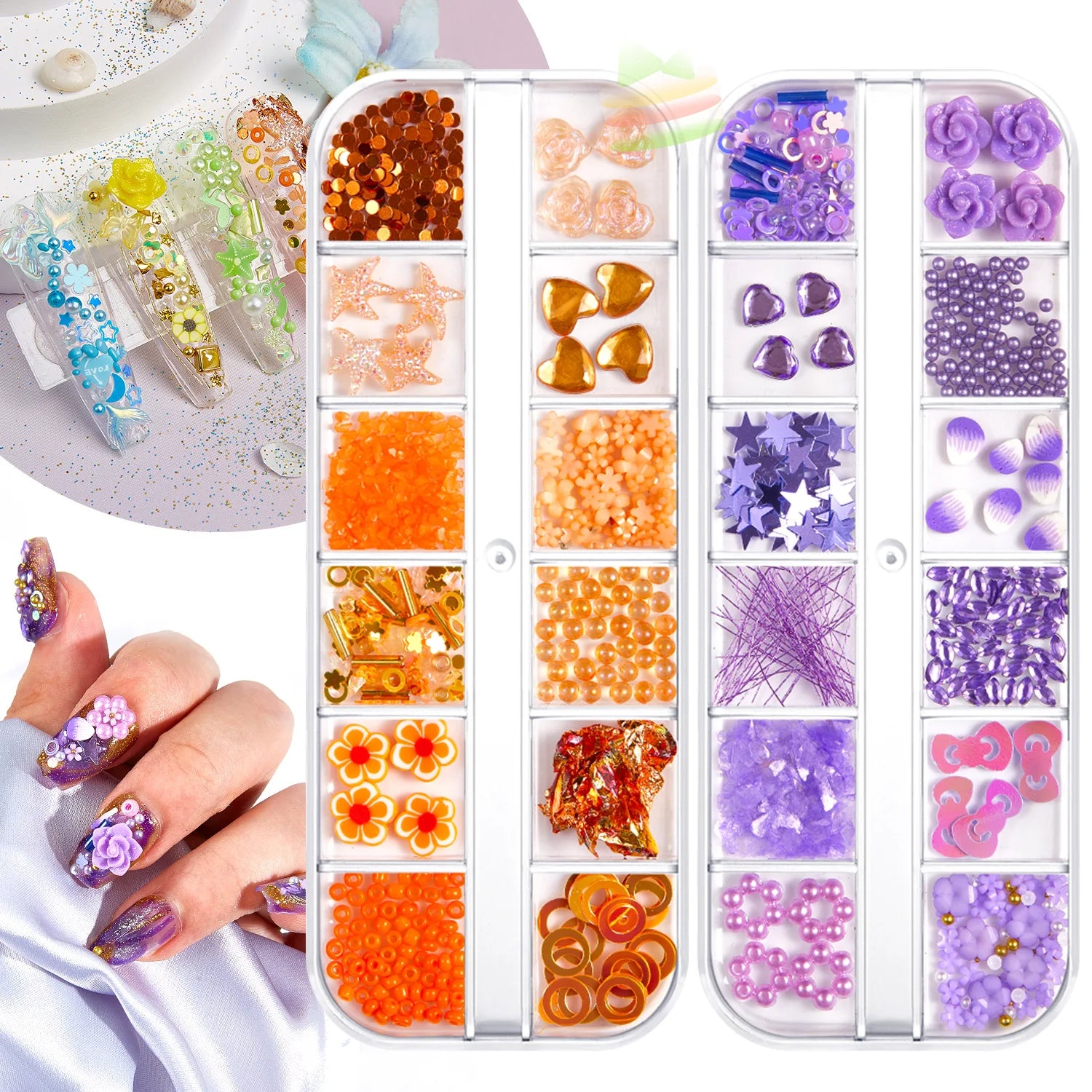 NEW 12 Gird Box Rhinestone Pearl Soft Clay Mixed Nail Accessories 3D Resin Nail Charms Nail Art Decorations